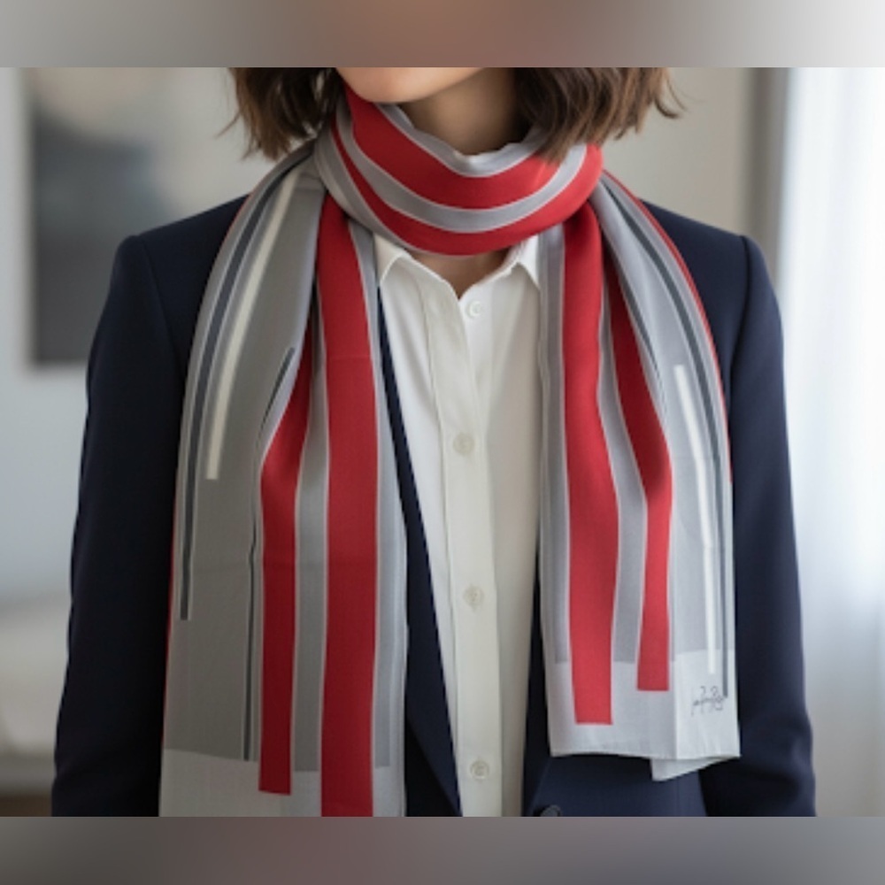 Jean Pierre Robin Silk Feel Red & Gray Striped Scarf - Picture 3 of 14